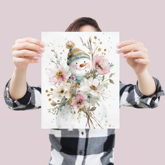 Watercolor Snowman Adorned with Flowers Portrait Wall Art Print Poster, Unframed - Picture 4 of 6